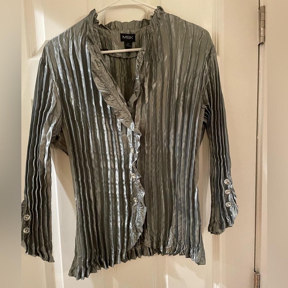 silver taffeta shirt with rhinestone buttons